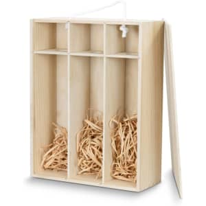 A wooden gift box with three compartments, filled with crinkled straw, featuring a rope handle.
