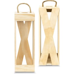 A wooden wine crate in a natural finish, with a rope handle, featuring a geometric design.