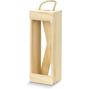 A wooden wine crate in natural finish, featuring a rope handle and an open design, ideal for single bottle storage.