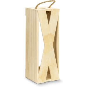 A wooden wine crate in a natural finish with a rope handle, designed for single bottle storage.