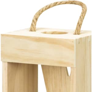 A wooden wine crate in natural finish with a rope handle for carrying, featuring an opening at the top.