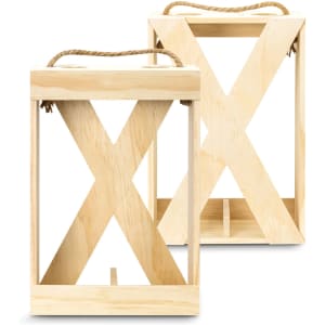 A wooden wine crate in a natural finish, featuring an open design and rope handles. It has a branding logo.