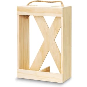 A wooden wine crate in natural finish, featuring an open design and a rope handle for easy carrying.