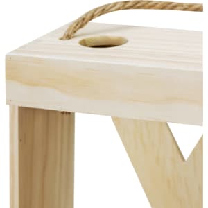 A light wooden wine crate with a handle, featuring a circular hole on the top.
