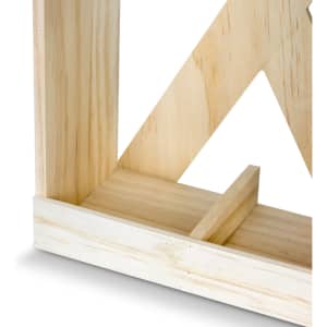 A wooden wine crate in natural tones, featuring a slotted base and a triangular design element.