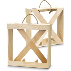 A wooden wine crate in natural colour, featuring a rope handle and designed to hold three bottles.