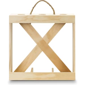 A wooden wine crate in natural colour, featuring a rope handle and an X design for stability.
