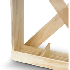 A wooden wine crate with a natural finish, featuring cross-braced sides and a small compartment at the base.