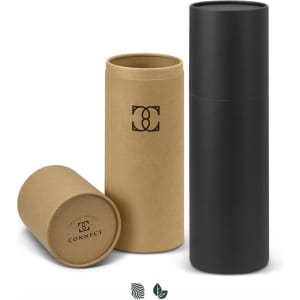 A drink bottle gift tube in black and kraft paper, featuring a logo on the side.