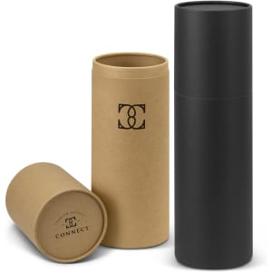 A drink bottle gift tube in black, with a smaller brown tube beside it, both featuring a logo.