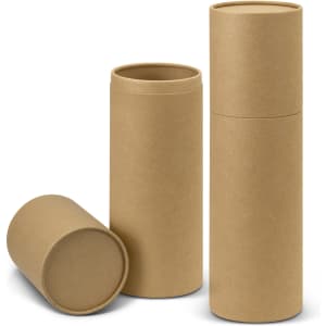 A set of three brown kraft tube containers for wine bottles, varying in height and with lids. One is lying on its side.