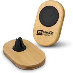 A bamboo car phone holder featuring a black rubber grip and a logo. The design is oval and eco-friendly.