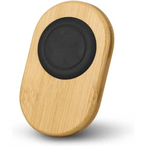 Bamboo car phone holder featuring a black rubber grip base. Made from natural bamboo material in a sleek oval shape.