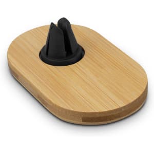 A bamboo car phone holder featuring a black rubber grip and an oval base, ideal for mounting mobile devices.