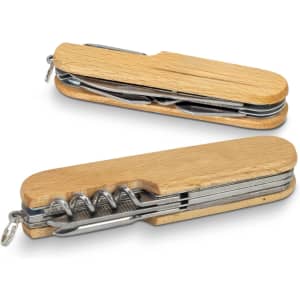 A wooden pocket knife with multiple tools, featuring a smooth wooden exterior and stainless steel components.