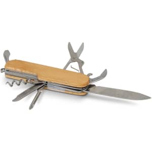 A wooden pocket knife featuring multiple tools, including a knife blade, corkscrew, and various other implements.