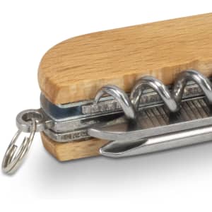A wooden pocket knife in a light wood finish with metal tools, featuring a keyring attachment.