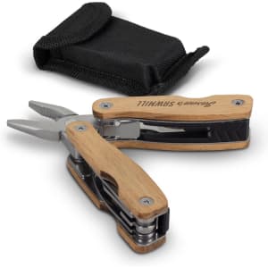 A wooden multi-tool with silver metal parts and a black carrying pouch, featuring a logo on the handle.