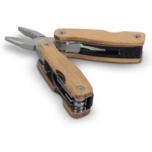 A wooden multi-tool featuring silver pliers and a sleek design, suitable for keyrings and tool sets.
