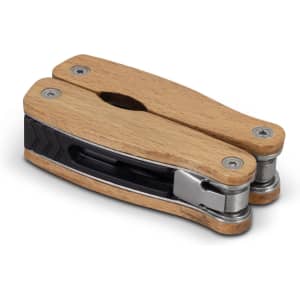 A wooden multi-tool with a light brown wooden handle and stainless steel components, featuring a compact folding design.