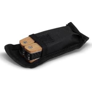 A wooden multi-tool in a black carry pouch, featuring wooden handles and a sleek design.