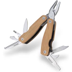 A wooden multi-tool with various metal attachments, including pliers, knife, and screwdriver, featuring a sleek design.