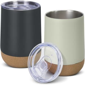 A drink bottle set featuring a dark grey and a light green cup with cork bottoms and clear lids.