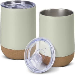 A drink bottle set in pale green and cork, featuring removable lids and a sleek design. Branding visible on the cup.
