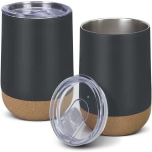 A drink bottle set featuring two dark green vacuum cups with cork bases and transparent lids.