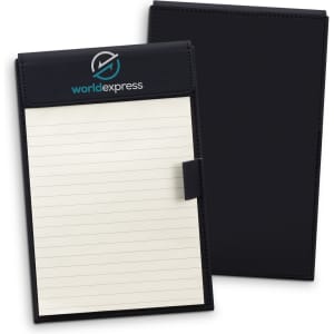 A black notepad holder featuring a lined notepad inside, with a logo on the front cover.