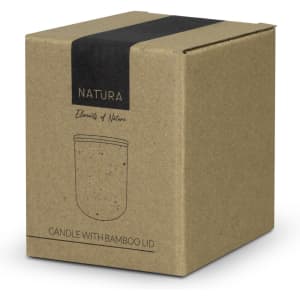 A natural-toned candle with a bamboo lid, presented in an eco-friendly brown box. Features simple branding.