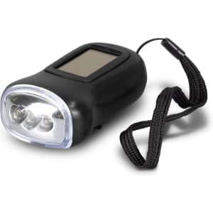 A black Dynamo Solar Torch with two LED lights and a wrist strap. It includes a display panel on the top.