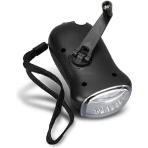 A black Dynamo Solar Torch featuring a foldable handle and a wrist strap for easy carrying.