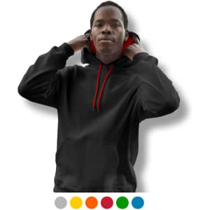 A unisex hoodie in black with a contrasting red hood, featuring a front pocket and a logo.