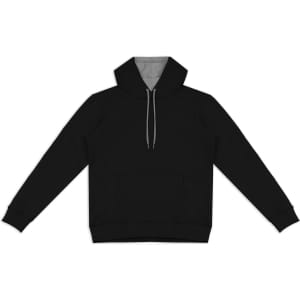 A black unisex hoodie with a contrasting grey interior, featuring a front pocket and a drawstring hood.