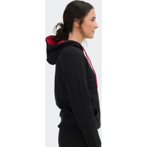 A unisex hoodie in black with a contrasting red hood, featuring a logo on the front.