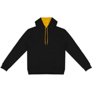 A black unisex hoodie featuring a yellow contrast hood and drawstrings, with a front pocket and branding.