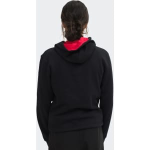A black unisex hoodie with a red inside hood, featuring a logo on the back.