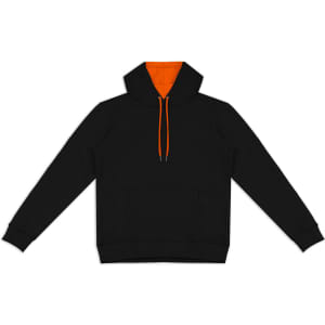 A black unisex hoodie with an orange interior, featuring a front pocket and drawstring hood. It has a logo.