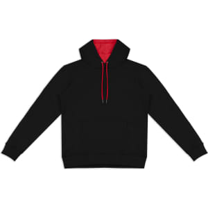 A black unisex hoodie with a red interior and drawstrings, featuring a front pocket and a hood.