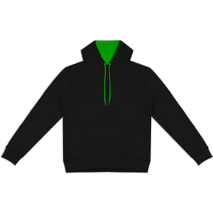 A black unisex hoodie with a green interior hood and drawstrings, featuring a front pocket and a logo.
