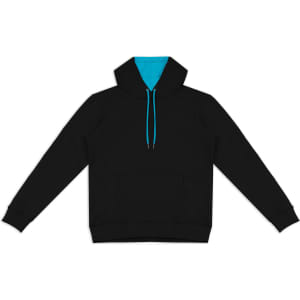 A black unisex hoodie with a turquoise hood and drawstrings, featuring a front pocket and a logo.