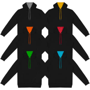 A collection of black unisex hoodies featuring contrasting colour hoods and drawstrings in grey, yellow, orange, red, green, and blue.