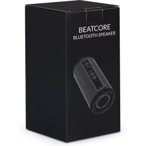 A black box featuring a Bluetooth speaker design with controls and a logo on the front.
