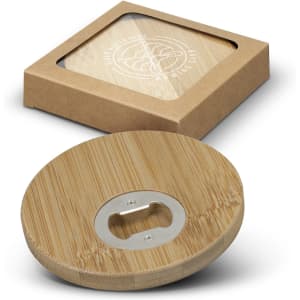 A round bamboo bottle opener coaster set of two, featuring a silver opener, packaged in a brown box.