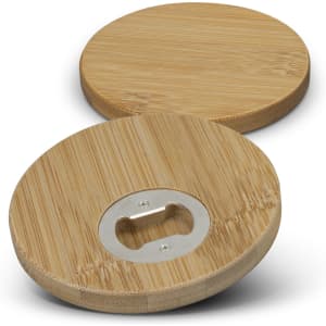 A drink bottle opener coaster set of 2, featuring round bamboo coasters with a silver opener inset.