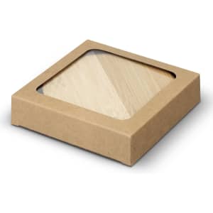 A drink bottle opener coaster set of two, featuring round bamboo coasters in a cardboard packaging with a window.