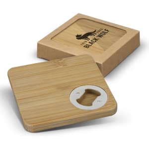 A drink bottle opener coaster set of two, featuring a square bamboo design with a stainless steel opener.