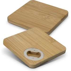 A drink bottle opener coaster set of 2, featuring square bamboo coasters with a metal bottle opener.