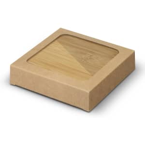 A drink bottle opener coaster set of two in bamboo, presented in a square cardboard box. Features a logo.